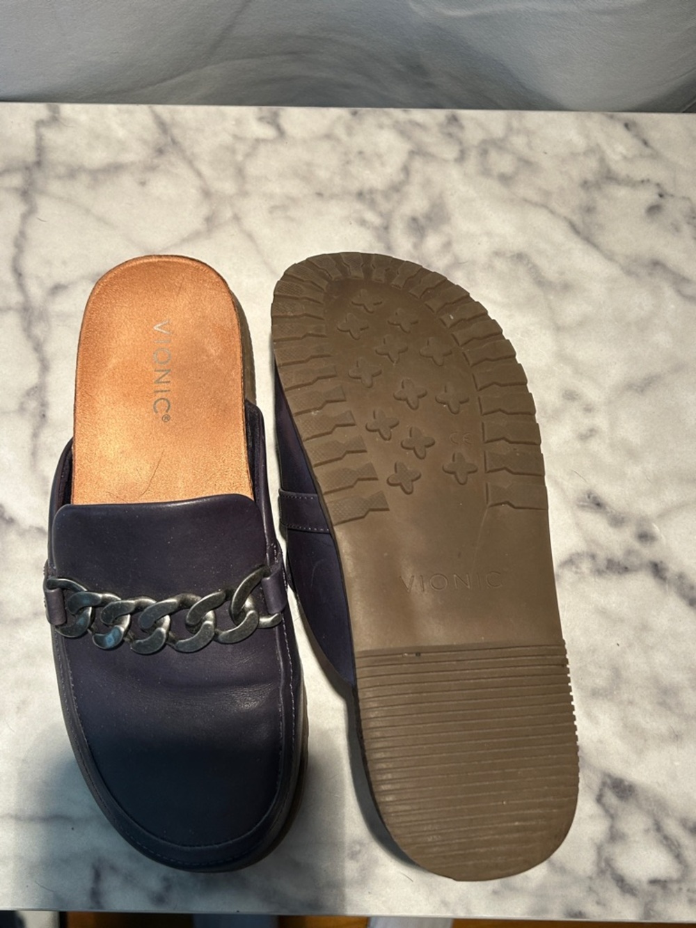 Vionic Navy Leather Chain-Trim Slip-On Mules - Picture 3 of 4